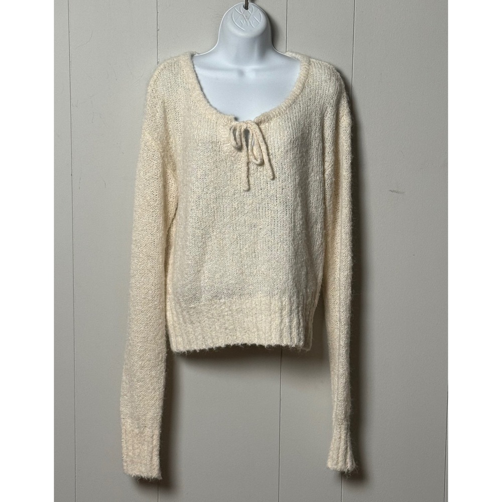 NA-KD Womens Knitted Tie Detail Sweater Cream Off White Fuzzy Long Sleeve Size M